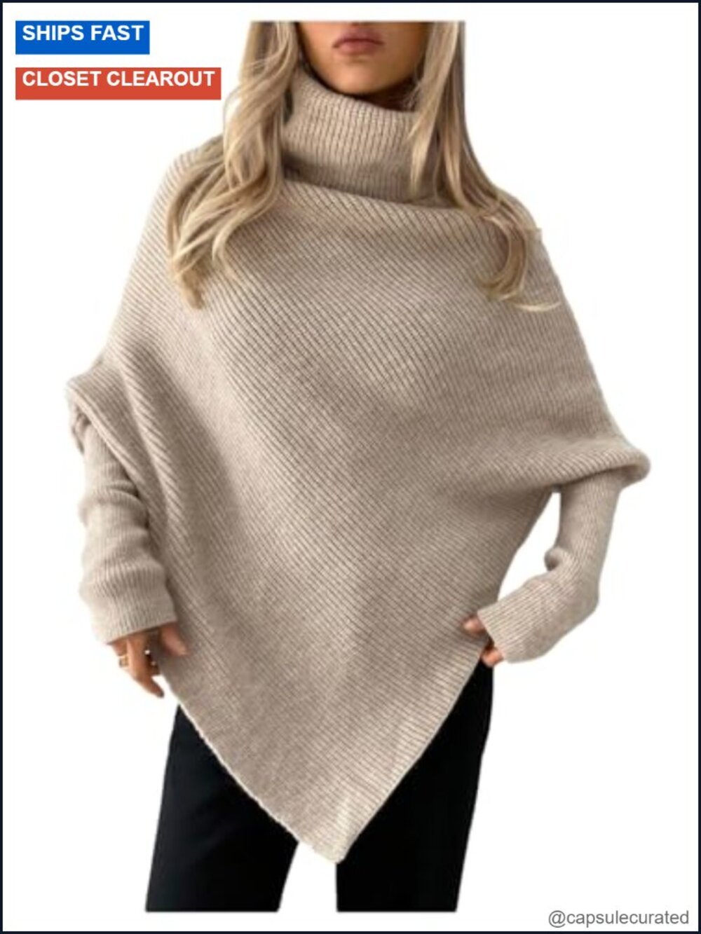 Milumia Womens Turtleneck Asymmetrical Poncho Sweater Ribbed Knit Oversized Y2K